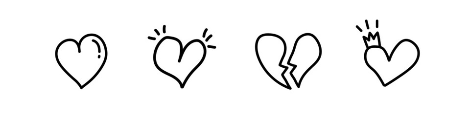 Heart doodle icon. Love cartoon sign. Hand-drawn heart icon set. Isolated love vector set. Red heart shape icon set.