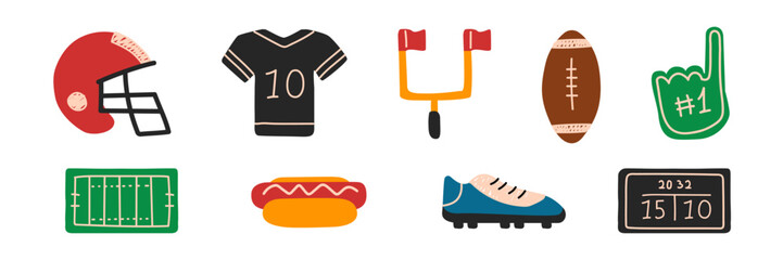 American football equipment set. Isolated football vector set. Rugby vector set. Helmet and ball for american football.