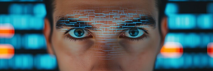 A close-up of a person's face with digital patterns overlaying the forehead, suggesting themes of technology and artificial intelligence.