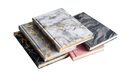 Stylish Notebooks : A flat lay of stylish notebooks with elegant covers, isolated on a Transparent background, PNG file.