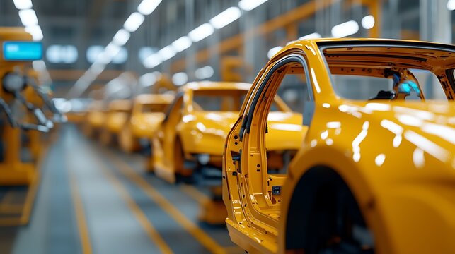 A vibrant automotive assembly line featuring partially finished yellow car frames illuminated in a spacious factory.