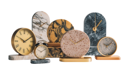 Stylish Office Desk Clocks: A flat lay of stylish office desk clocks with modern designs, isolated on a Transparent background, PNG file.