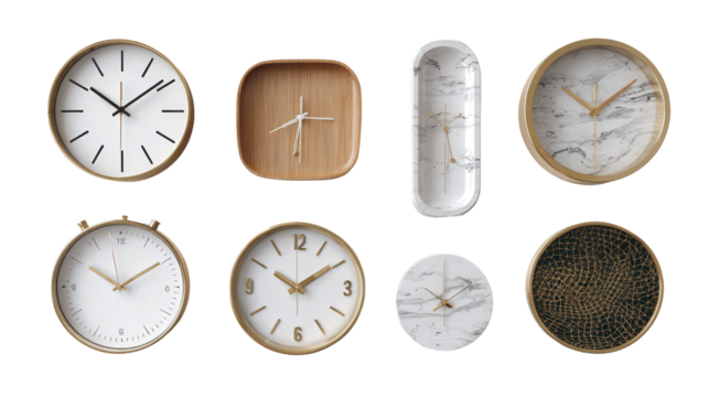 Stylish Office Desk Clocks: A flat lay of stylish office desk clocks with modern designs, isolated on a Transparent background, PNG file. - Powered by Adobe