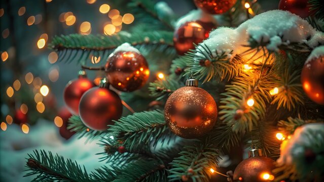 Christmas Tree Ornament Display with Warm Bokeh Lights Festive Holiday Celebration