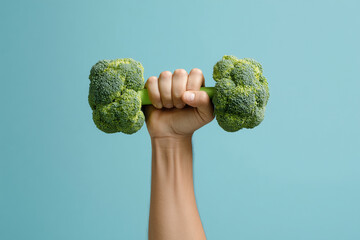 A single hand lifts a broccoli dumbbell against a blue studio backdrop, symbolizing healthy strength, nutrition, and fitness. Fresh produce meets exercise in a playful image.