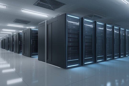 A modern data center with long rows of server racks, cool blue lighting, and reflective floors. Clean, high-tech environment showcasing organization, efficiency, and secure data storage.