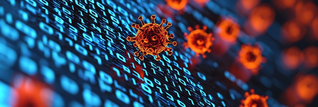 A digital representation of a virus interacting with binary code, symbolizing the intersection of technology and health in a vibrant, futuristic design.