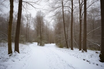 Obraz premium Verschneiter Wald mit Weggabelung und kahlen Bäumen, winterliche Landschaft mit Nebel und ruhiger, friedlicher Atmosphäre
