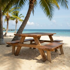 Tropical Beach Picnic Table with Ocean View Vacation Setting