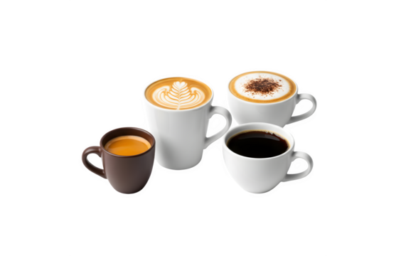 A set of four mugs featuring various types of coffee, isolated against a white background.