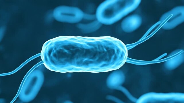 Microscopic salmonella bacteria illustration with flagella in a vibrant blue color scheme