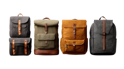 Stylish Travel Backpacks: A flat lay of stylish travel backpacks with premium fabric, isolated on a Transparent background, PNG file.