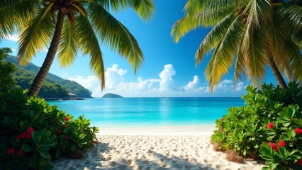 Naklejka premium Tropical Beach Vegetation and Pristine Coastline Aerial View HD