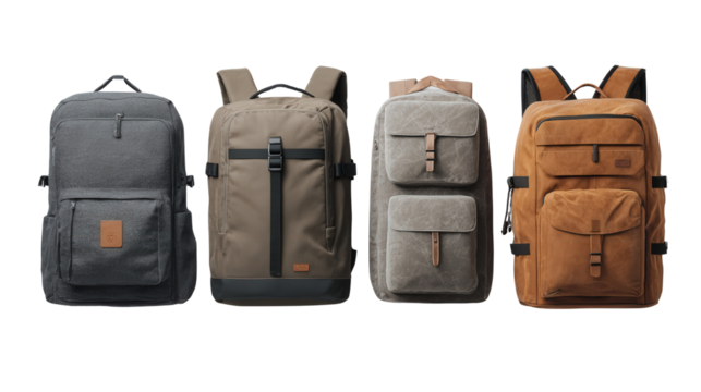 Stylish Travel Backpacks: A flat lay of stylish travel backpacks with sleek designs and functional compartments, isolated on a Transparent background, PNG file.