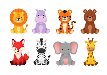 Several cute cartoon baby wild and safari animals are sitting together, including a lion, elephant, and zebra.