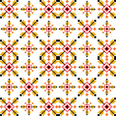Seamless Pixel Art Ethnic Pattern in Red, Yellow, and Black