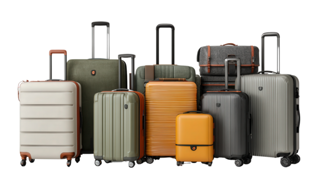 Stylish Travel Luggage: A flat lay of stylish travel luggage with modern designs and sleek handles, isolated on a Transparent background, PNG file.