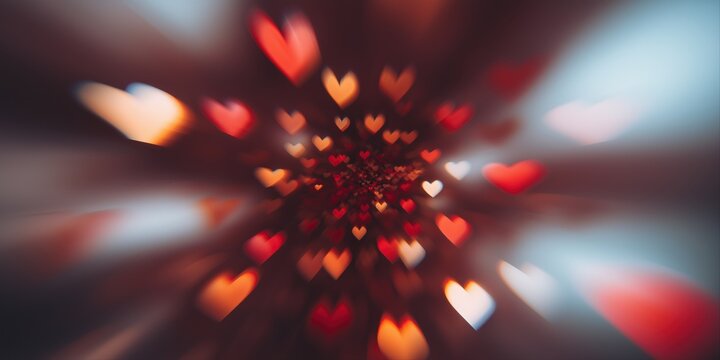 Vibrant heart shapes in motion creating an abstract explosive pattern