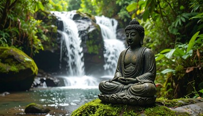 Buddha statue by a waterfall in a lush jungle
