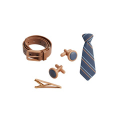 Brown Leather Belt Cufflinks and Striped Necktie on Transparent Background
