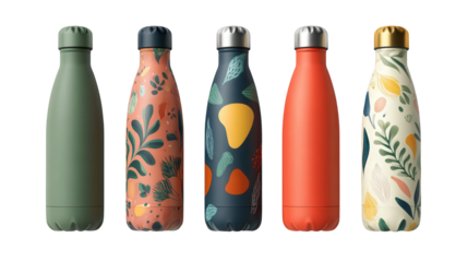 Stylish Water Bottles: A flat lay of stylish water bottles with sleek designs, isolated on a Transparent background, PNG file.