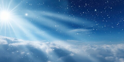 Bright sunlight streaming through clouds against a starry blue sky