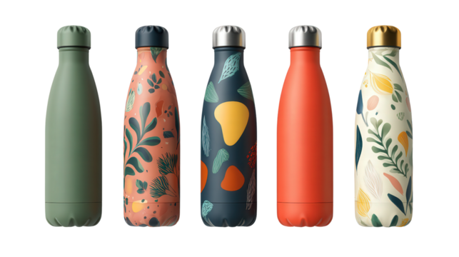 Stylish Water Bottles: A flat lay of stylish water bottles with sleek designs, isolated on a Transparent background, PNG file.