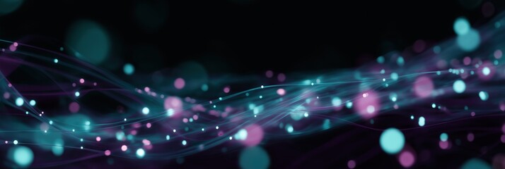 Abstract glowing purple and teal light trails against dark background