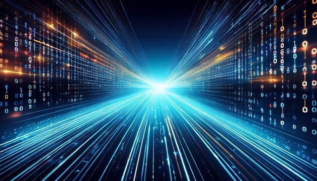 abstract digital data stream binary code glowing particles light burst