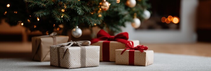 Decorative christmas gifts under festive tree with warm lights