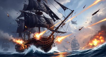 A dynamic illustration of a pirate ship in a naval battle with cannons firing and explosions