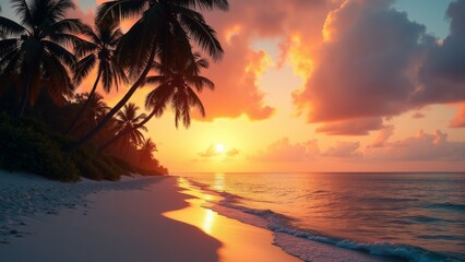 Obraz premium Golden Hour Photography Palm Tree Silhouette Sunset Beach Tropical Paradise Wide Screen