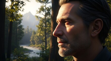 Man Contemplating Natures Beauty in Forest Scenery.