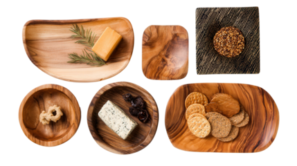 Stylish Wooden Serving Trays: A flat lay of stylish wooden serving trays with snacks like cheese and crackers, isolated on a Transparent background, PNG file.