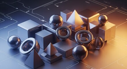 Abstract Composition of Metallic Geometric Shapes on a Circuit Board.