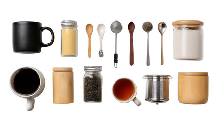 Obraz premium Tea and Coffee Accessories: A flat lay of tea and coffee accessories like mugs, tea infusers, and sugar containers, isolated on a Transparent background, PNG file.
