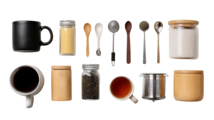 Tea and Coffee Accessories: A flat lay of tea and coffee accessories like mugs, tea infusers, and sugar containers, isolated on a Transparent background, PNG file.