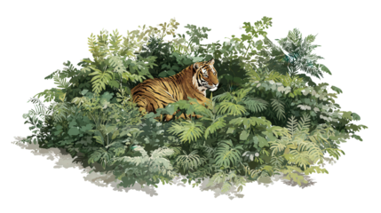 Tiger in the Jungle: A flat lay of a tiger in the jungle, camouflaged among the vegetation, isolated on a Transparent background, PNG file.