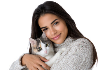 Woman and Cat's Tender Moment: A radiant woman tenderly embraces her feline companion, exuding a calm and loving atmosphere. captured through this candid, heartwarming portrayal of friendship