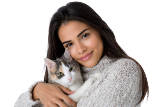 Woman and Cat's Tender Moment: A radiant woman tenderly embraces her feline companion, exuding a calm and loving atmosphere. captured through this candid, heartwarming portrayal of friendship