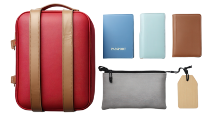 Travel Luggage and Accessories: A flat lay of travel luggage and accessories like a passport holder, luggage tag, and travel pouch, isolated on a Transparent background, PNG file.