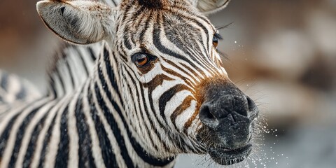 Close-up view of a zebra's expressive face, showcasing its striking black and white striped coat and curious gaze, set against a softly focused, neutral background.