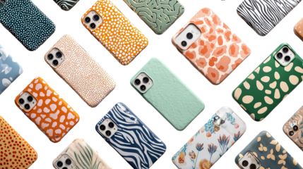 Trendy Phone Cases: A flat lay of trendy phone cases with different patterns and colors, isolated on a Transparent background, PNG file.