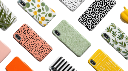 Trendy Phone Cases: A flat lay of trendy phone cases with different patterns and colors, isolated on a Transparent background, PNG file.