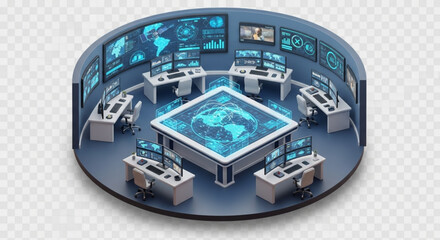 Futuristic global network security command center control room with digital world map display design