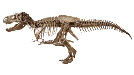 Tyrannosaurus Rex Dinosaur: A flat lay of a Tyrannosaurus rex dinosaur fossil with detailed textures, isolated on a Transparent background, PNG file.