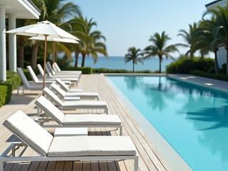 Fototapeta premium Luxury Pool Deck Furniture Arrangement at Tropical Resort