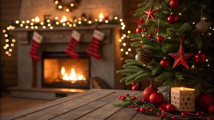 Cozy Christmas Ambiance Warm Fireplace and Festive Tree Create a Holiday Atmosphere