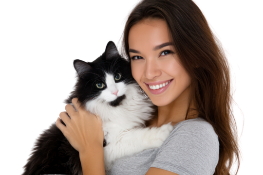 Woman Embracing Cat: A heartwarming portrait of a young woman tenderly cuddling her fluffy black and white cat, capturing the pure bond of companionship and mutual affection. 