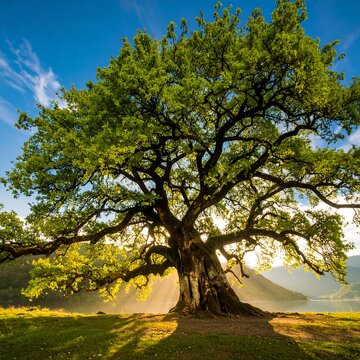 Majestic tree by a lake at sunrise